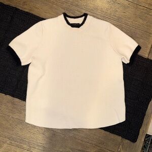 Current Air Anthropologie White Fuzzy Short Sleeve Preppy Sweater Black Trim XS